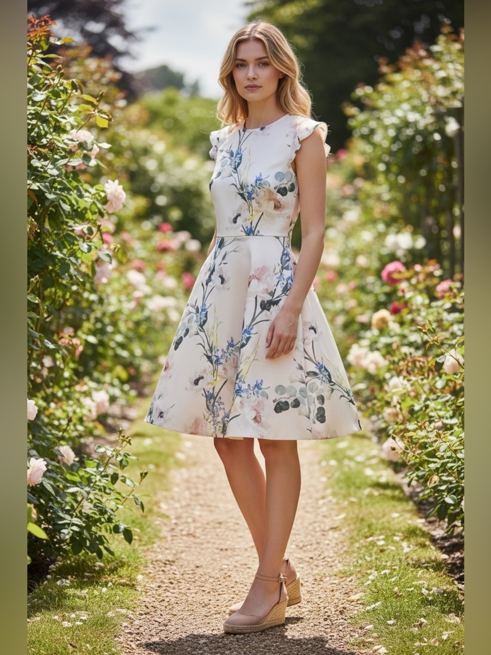 Ted Baker Cream Floral Fit-and-Flare Dress size 1(us4)
